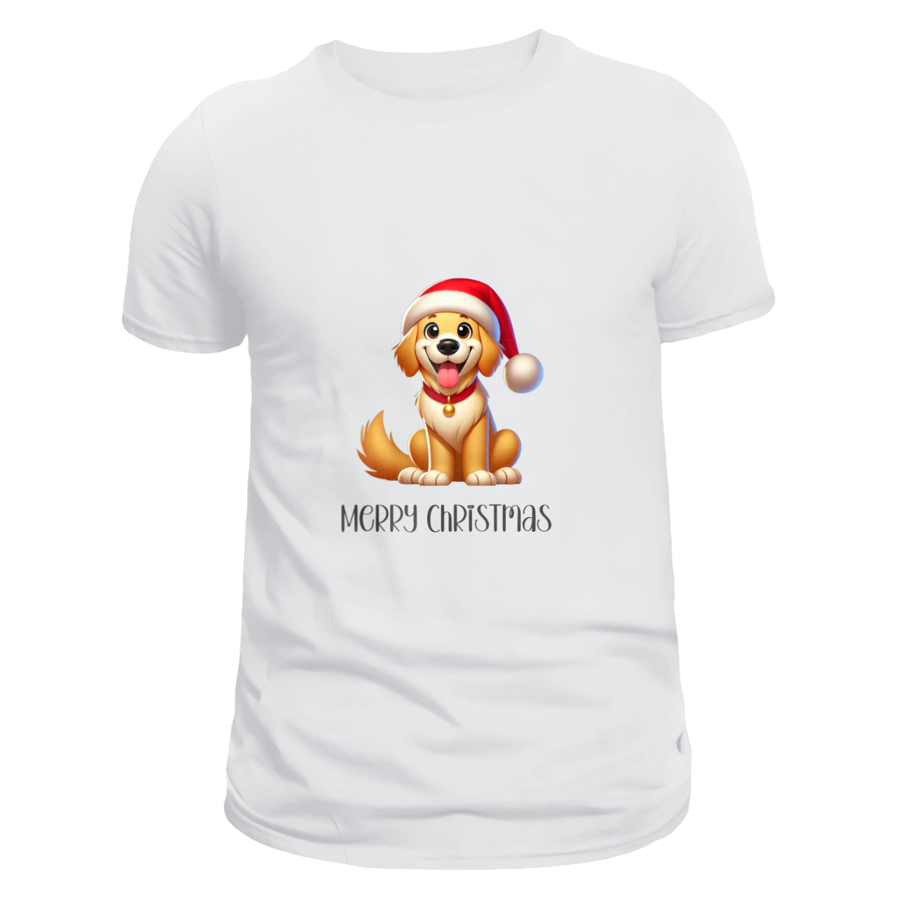 Front view of a white unisex T-shirt featuring an adorable cartoon dog wearing a Santa hat with bright green eyes and a cheerful expression. Below the dog are the words 'Merry Christmas' in colourful festive lettering.