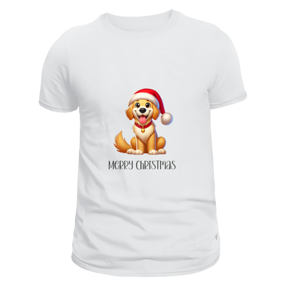 Front view of a white unisex T-shirt featuring an adorable cartoon dog wearing a Santa hat with bright green eyes and a cheerful expression. Below the dog are the words 'Merry Christmas' in colourful festive lettering.