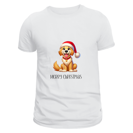 Front view of a white unisex T-shirt featuring an adorable cartoon dog wearing a Santa hat with bright green eyes and a cheerful expression. Below the dog are the words 'Merry Christmas' in colourful festive lettering.
