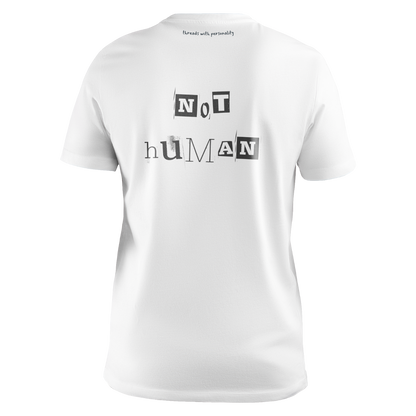 Front view of a white unisex T-shirt featuring funky black font proclaiming "Not Human." Perfect for expressing an otherworldly side, this tee is ideal for those who embrace their unique and delightful differences. Made from 100% cotton, providing comfort as if floating in zero gravity.
