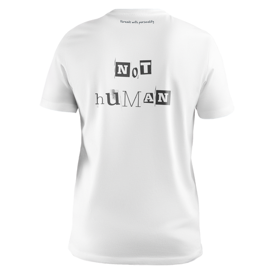 Front view of a white unisex T-shirt featuring funky black font proclaiming "Not Human." Perfect for expressing an otherworldly side, this tee is ideal for those who embrace their unique and delightful differences. Made from 100% cotton, providing comfort as if floating in zero gravity.