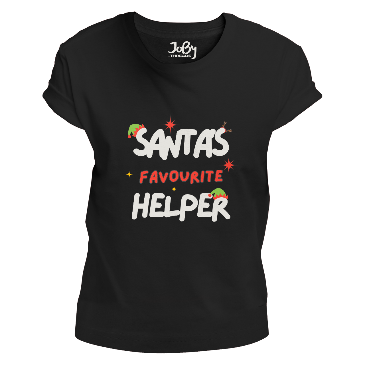 Front view of a black fitted ladies' T-shirt displaying 'Santa's Favourite Helper' design with elf hats and reindeer antlers accentuating the lettering in contrasting print.