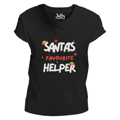 Front view of a black fitted ladies' T-shirt displaying 'Santa's Favourite Helper' design with elf hats and reindeer antlers accentuating the lettering in contrasting print.