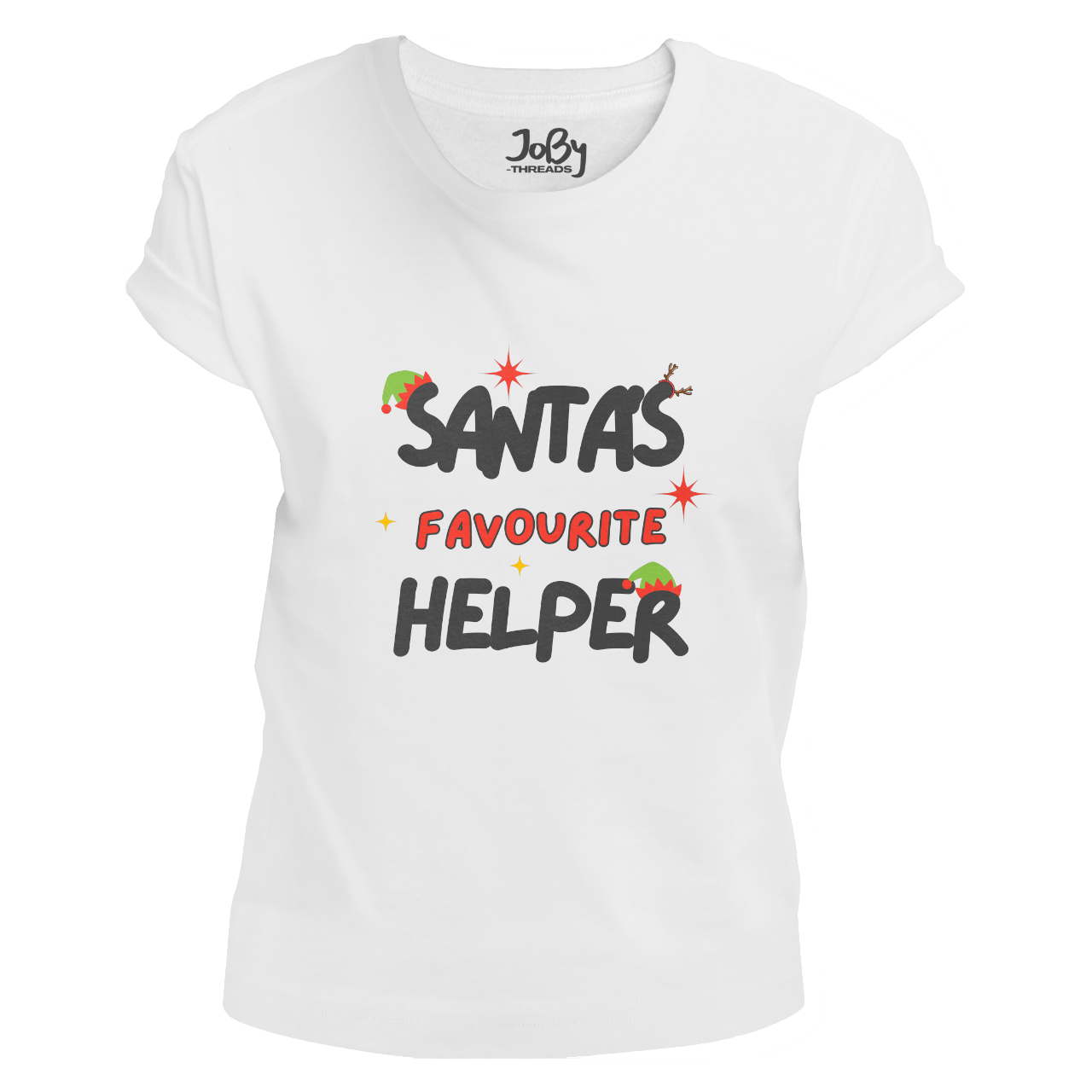 Front view of a white fitted ladies' T-shirt showcasing 'Santa's Favourite Helper' design with elf hats on the letters 'S' and 'R,' and reindeer antlers on the second 'S' in 'Santa's.'