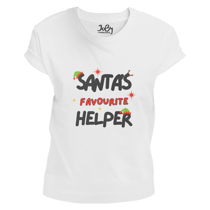 Front view of a white fitted ladies' T-shirt showcasing 'Santa's Favourite Helper' design with elf hats on the letters 'S' and 'R,' and reindeer antlers on the second 'S' in 'Santa's.'
