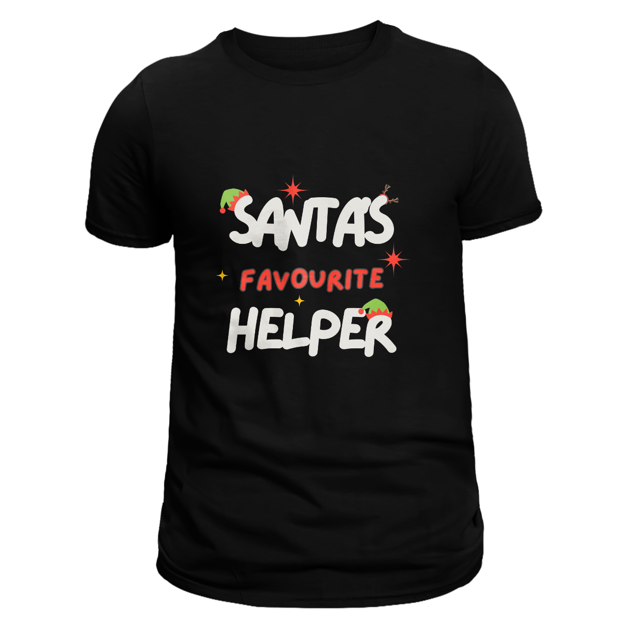 Front view of a black unisex T-shirt featuring 'Santa's Favourite Helper' text with contrasting elf hats on the 'S' in 'Santa' and 'R' in 'Helper,' and reindeer antlers on the second 'S' in 'Santa's.'