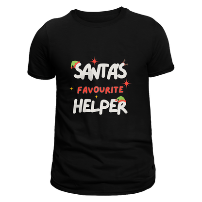 Front view of a black unisex T-shirt featuring 'Santa's Favourite Helper' text with contrasting elf hats on the 'S' in 'Santa' and 'R' in 'Helper,' and reindeer antlers on the second 'S' in 'Santa's.'