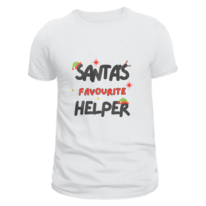 Front view of a white unisex T-shirt featuring 'Santa's Favourite Helper' text with an elf hat on the first 'S' in 'Santa' and 'R' in 'Helper,' and reindeer antlers on the second 'S' in 'Santa's.'