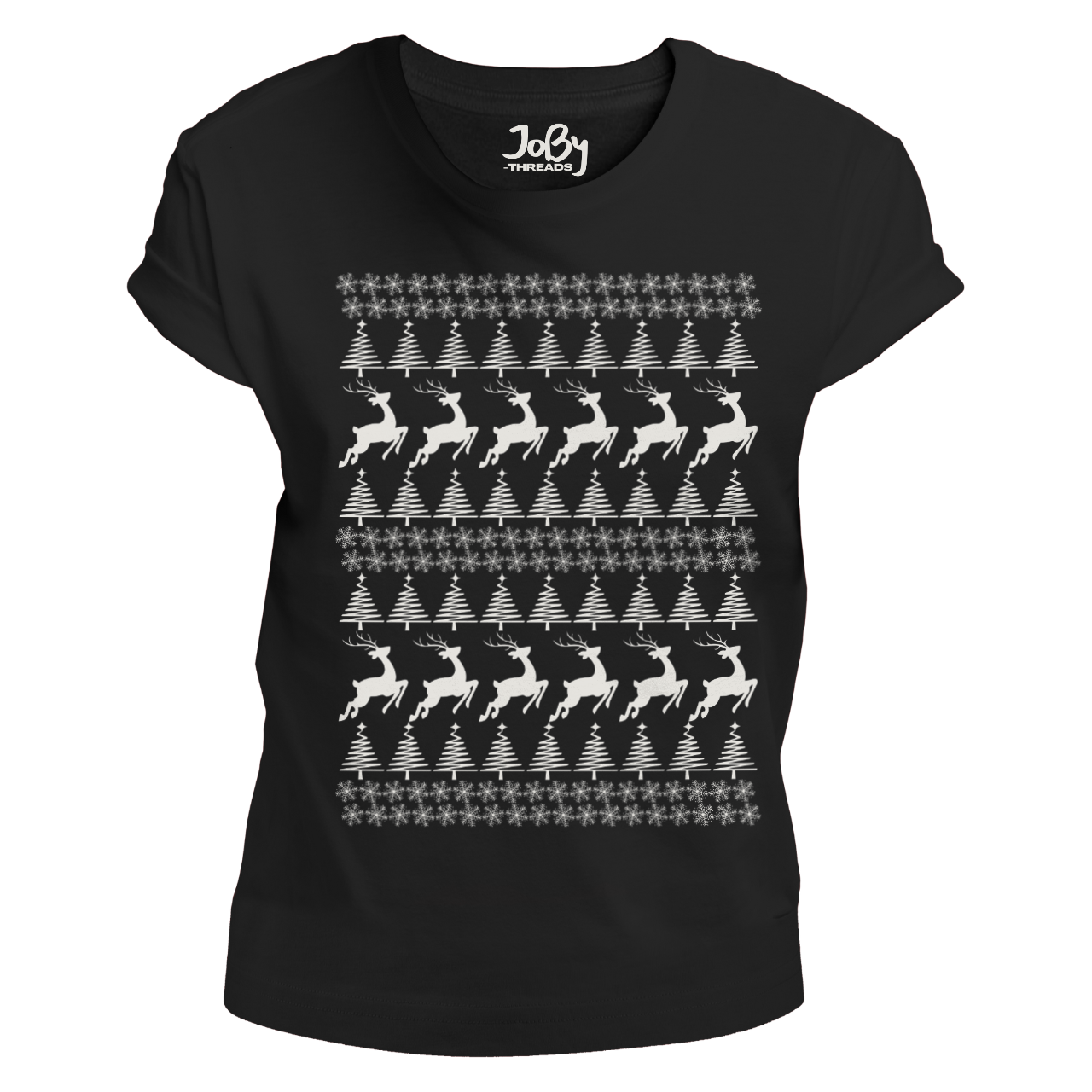 Snowflakes, Christmas Trees, and Reindeers Jersey T-Shirt in Black for Ladies - Limited Edition Festive Cotton Tee
