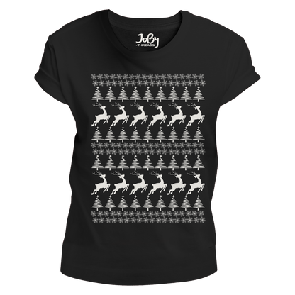 Snowflakes, Christmas Trees, and Reindeers Jersey T-Shirt in Black for Ladies - Limited Edition Festive Cotton Tee