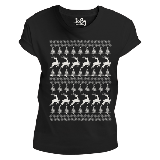 Snowflakes, Christmas Trees, and Reindeers Jersey T-Shirt in Black for Ladies - Limited Edition Festive Cotton Tee