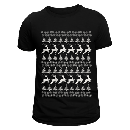 Snowflakes, Christmas Trees, and Reindeers Jersey T-Shirt in Black for Unisex - Limited Edition Festive Cotton Tee