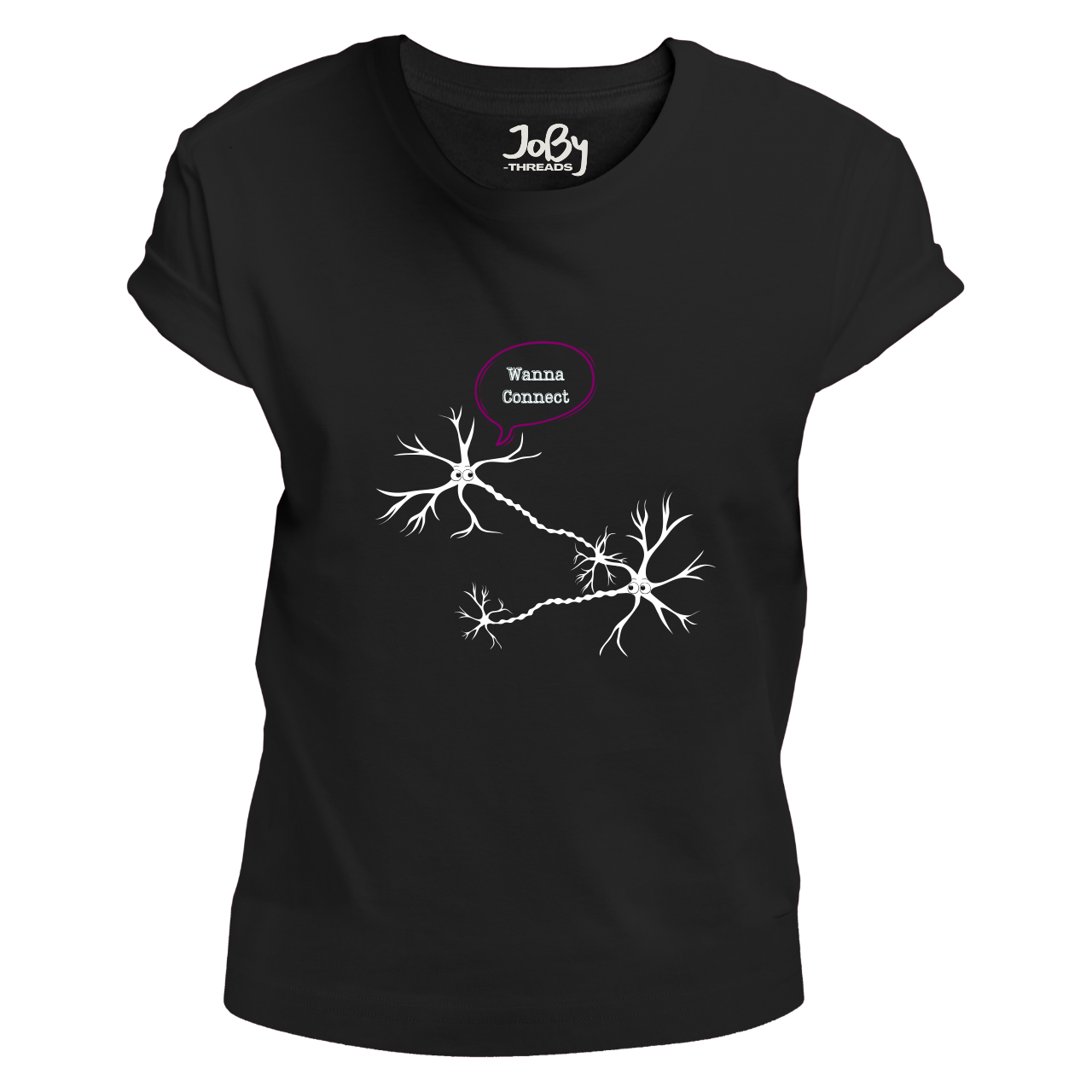 Front view of a black fitted ladies' T-shirt featuring a design of two connected neurons with one saying "Wanna Connect." Limited to 100 total prints across all sizes and variations. Made from 100% cotton, adding a touch of science to your style.