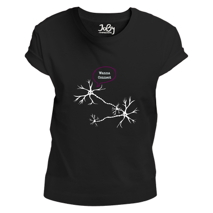 Front view of a black fitted ladies' T-shirt featuring a design of two connected neurons with one saying "Wanna Connect." Limited to 100 total prints across all sizes and variations. Made from 100% cotton, adding a touch of science to your style.