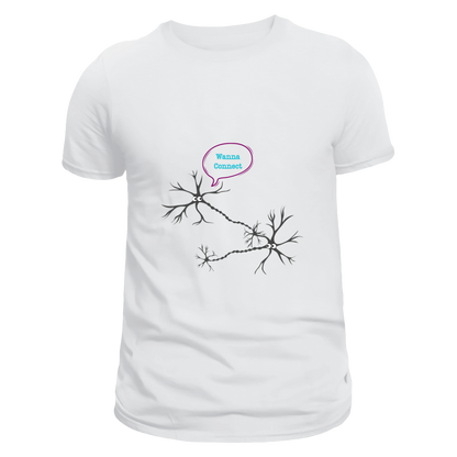 Front view of a white unisex T-shirt featuring a design of two connected neurons with one saying "Wanna Connect." Limited to 100 total prints across all sizes and variations. Made from 100% cotton, it is ideal for showcasing your love for neuroscience.